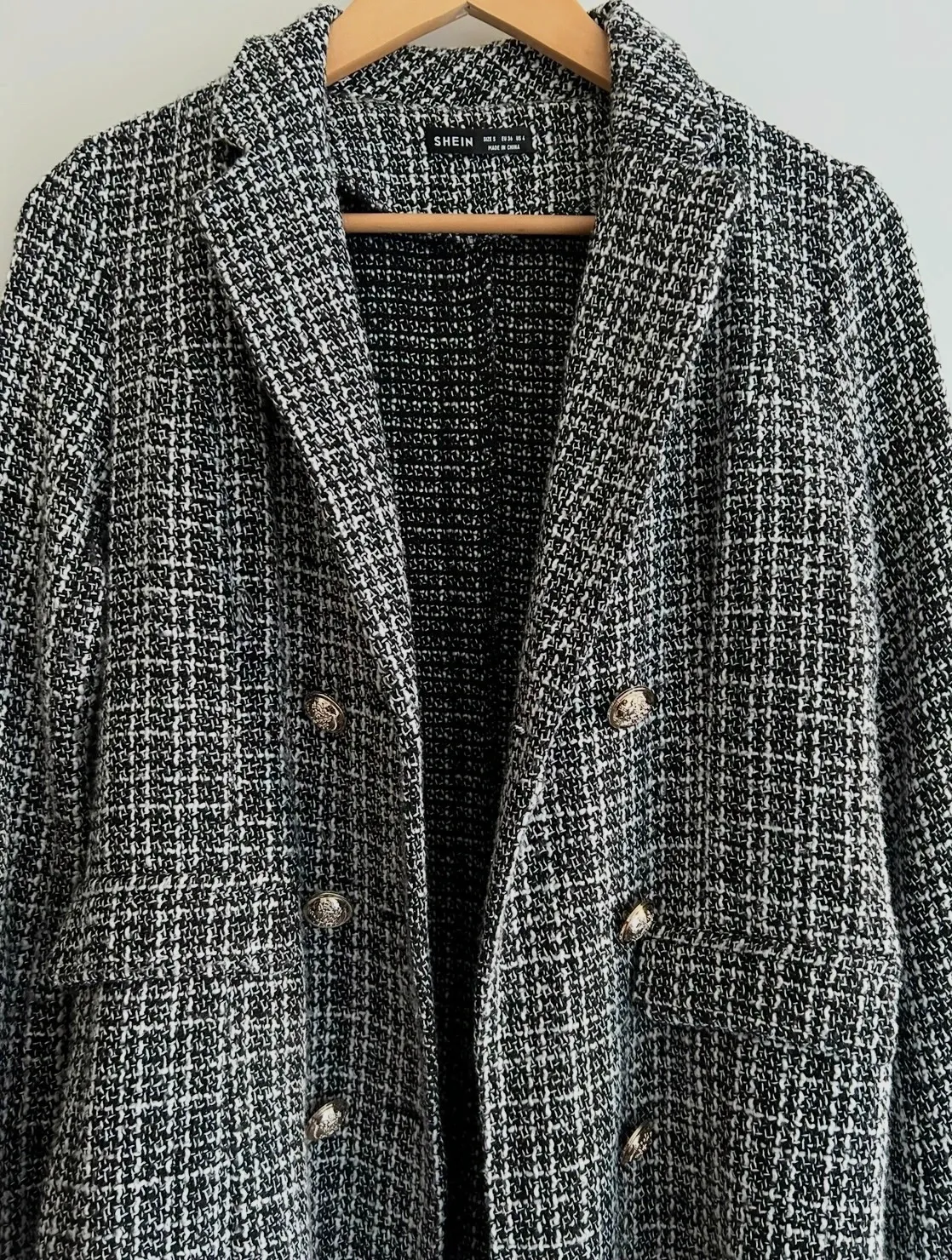 Veste longue 36 noir blanc tweed boutons dorés chic tendance – Shein – taille S / 36 / 8 2