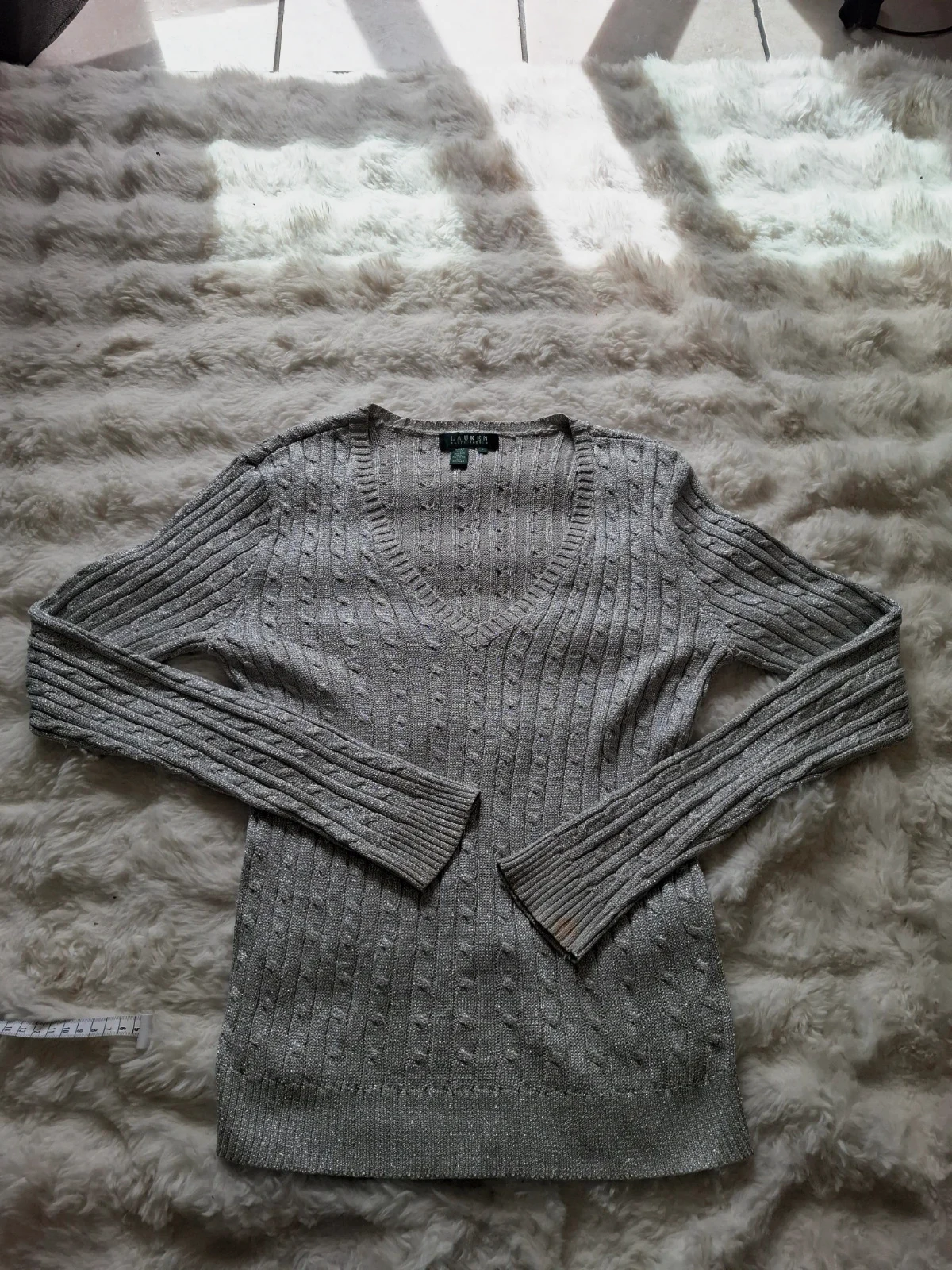 Pull Torsadé Rétro / Pull-over Col V Maille Scintillante Argentée Lauren Ralph Lauren T.L / L