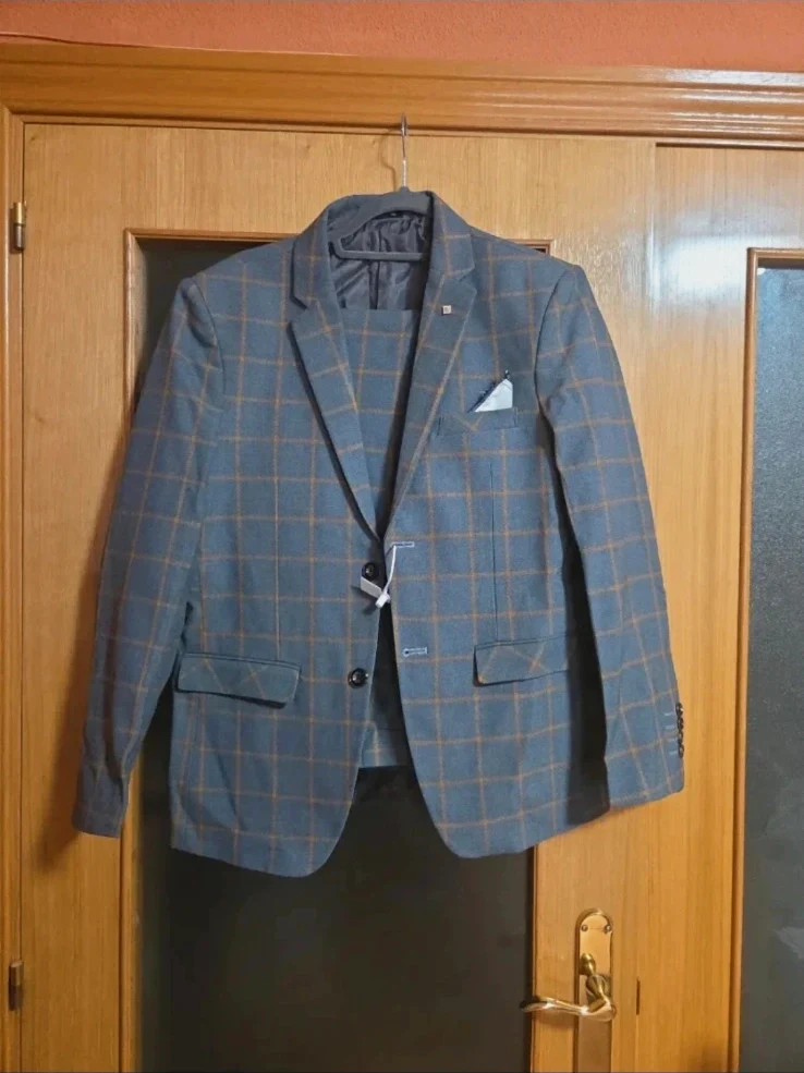 Traje de hombre gris con cuadro ventana en mostaza/ocre - 2 piezas – taille S