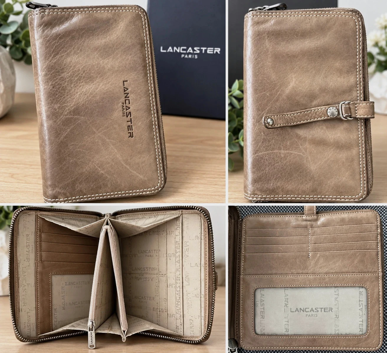 Portefeuille Lancaster Paris taupe beige grand format zippé