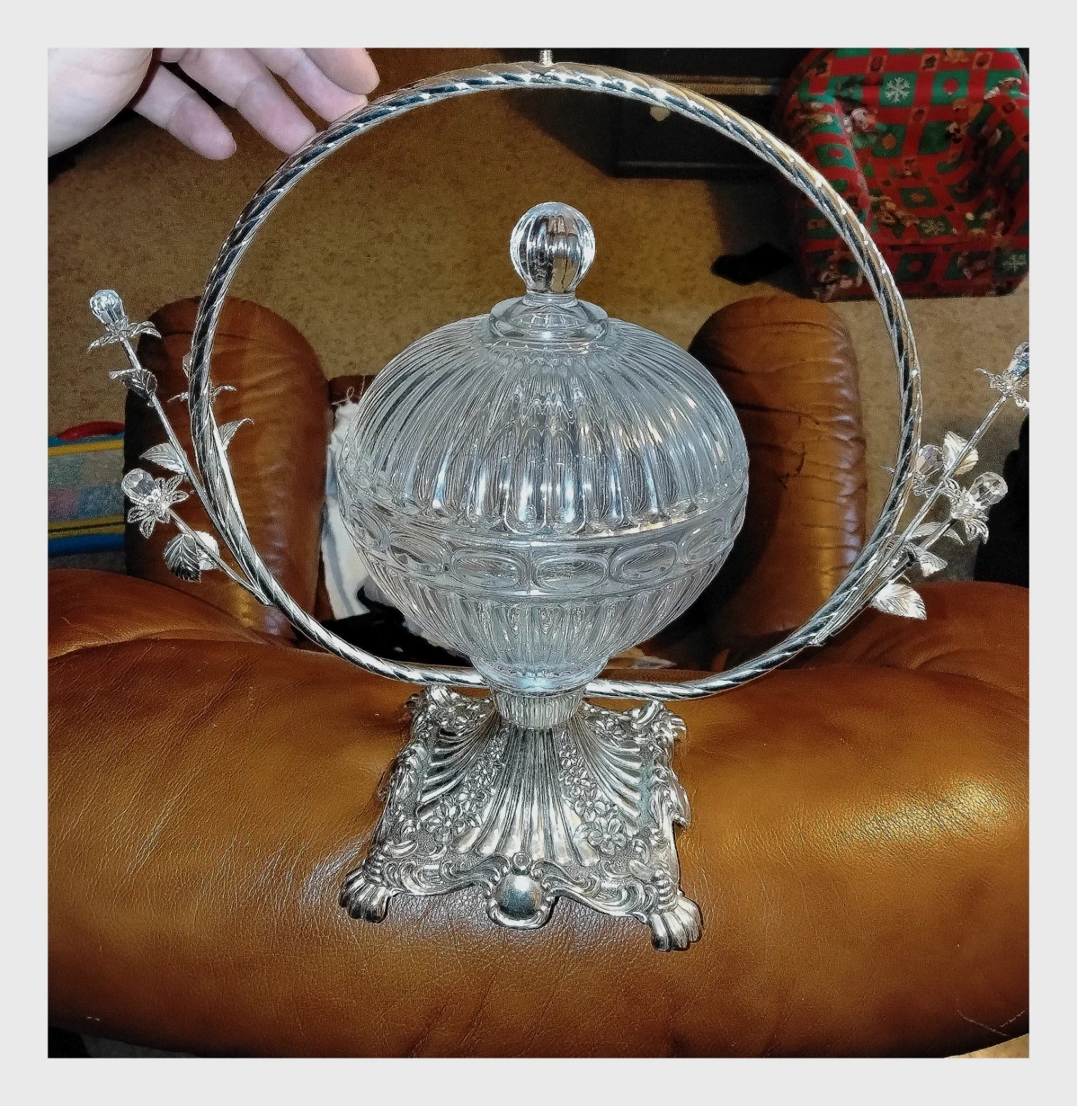 Grande Bonbonnière / Drageoir Vintage en Cristal et Métal Argenté