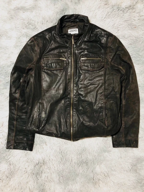 Legend Scandinavia Genuine Leather Biker Jacket Dark Brown Zip Pocket Buckles Vintage Style Y2K Moto