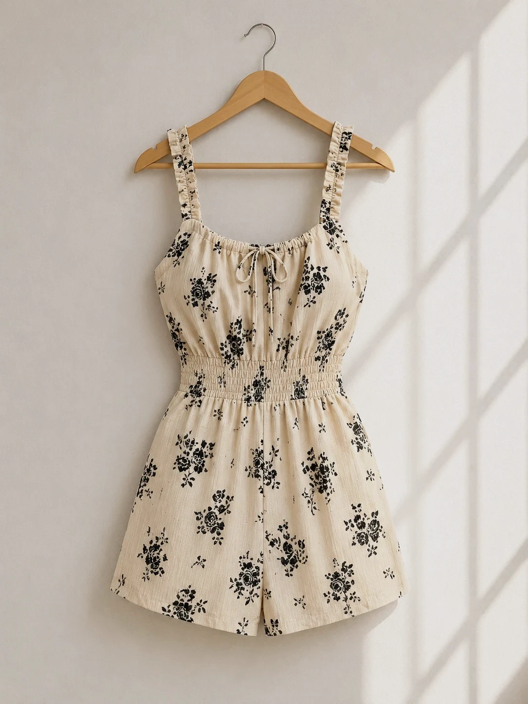 Combishort beige fleuri à bretelles volantées – Taille 1XL