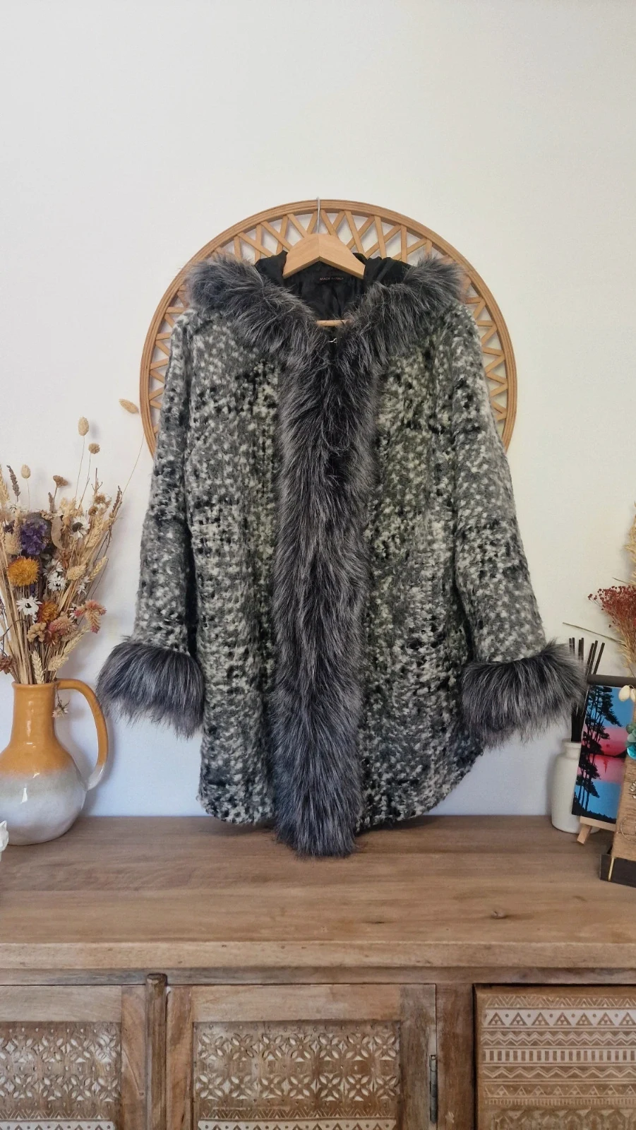 Abrigo lana gris pelo capucha Made in Italy | Manteau laine fourrure | Wool Fur Coat