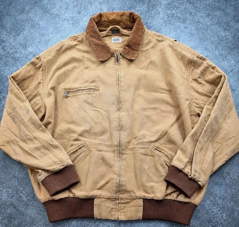 Veste workwear vintage XXL XL – Eisenhower bomber canvas col velours – beige