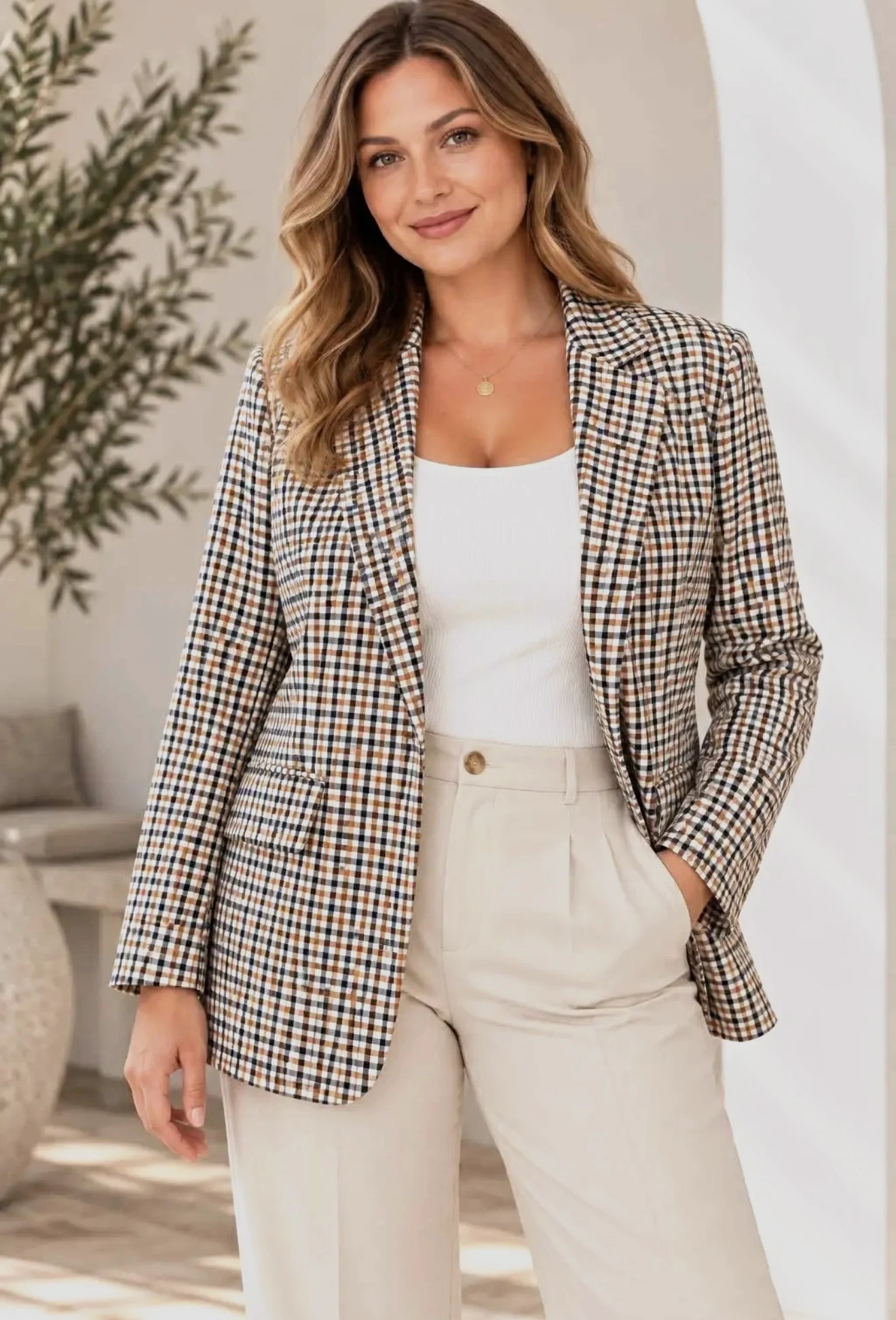 Veste blazer structurée à carreaux