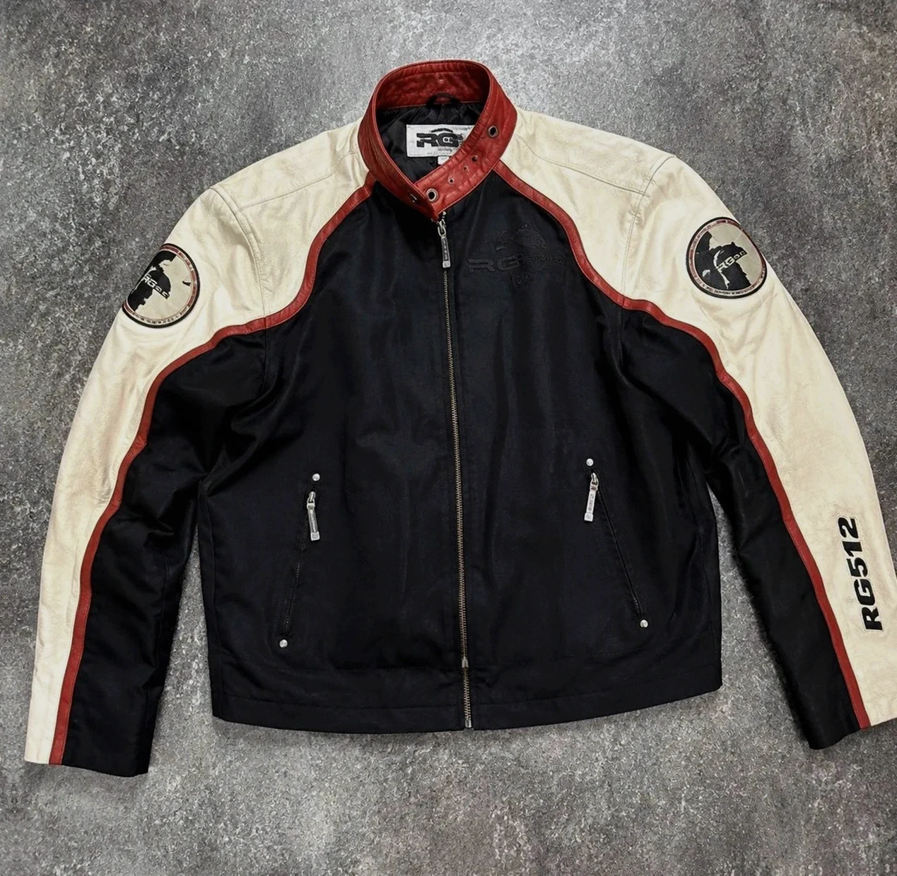 Veste biker moto racing RG512 cuir véritable Y2K noir rouge crème taille L
