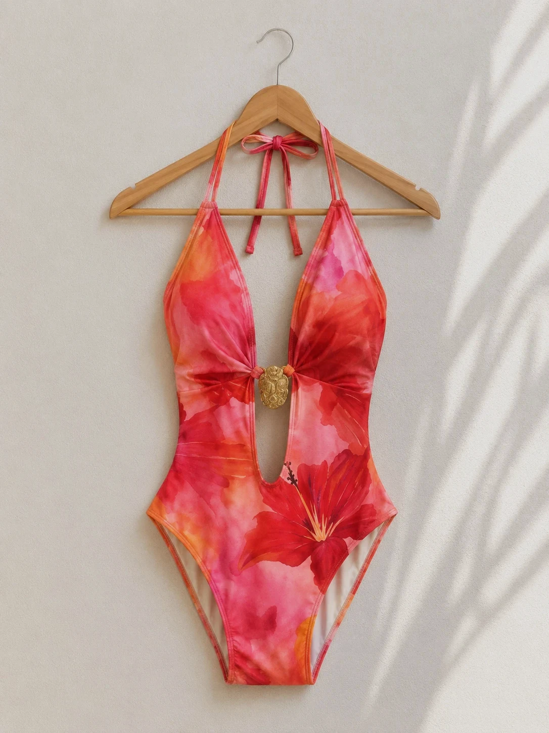 Maillot de bain 1 pièce fleuri rouge et corail – Taille XL