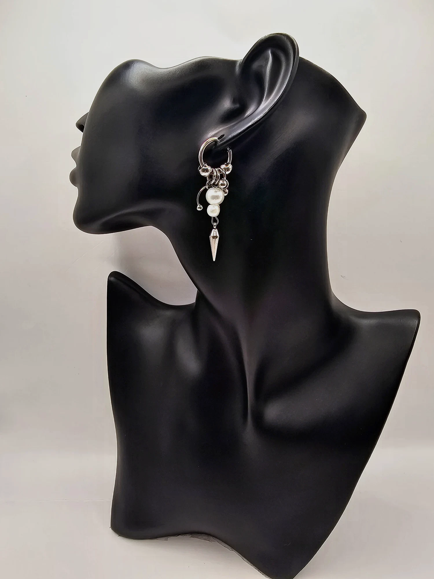 Silver Stainless Steel Hoop Earring With Pearl And Spike Charms