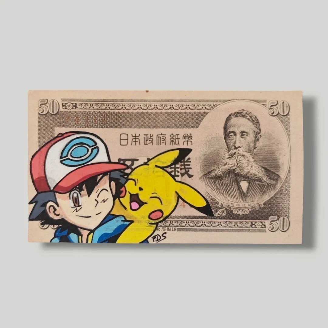Amitié électrique - Pikachu & Sacha sur Billet Japonais Original