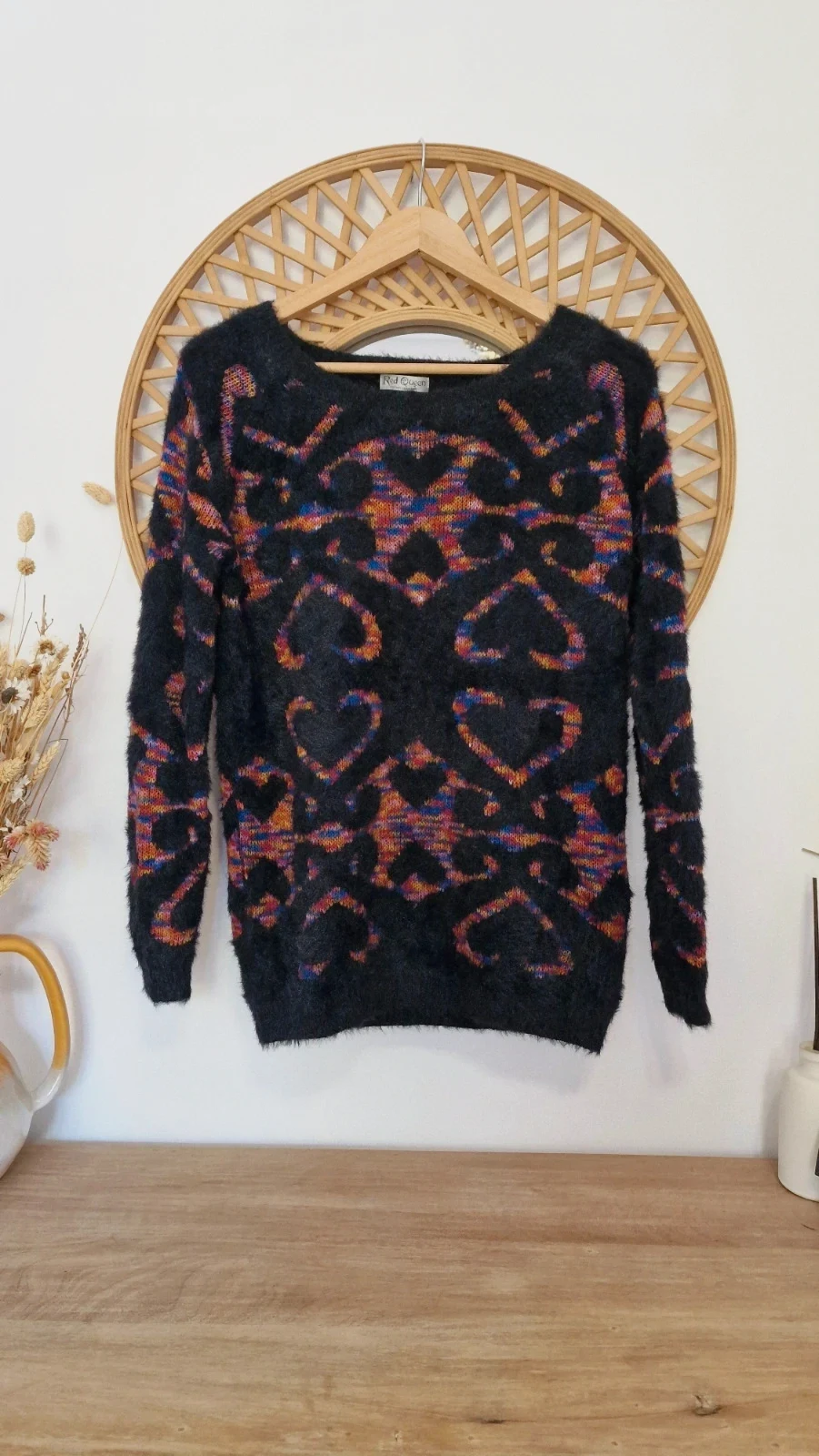 Jersey vintage Red Queen negro corazones multicolor mohair lana – suéter Y2K retro