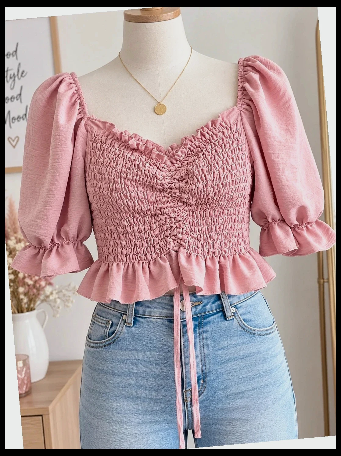 Top rose poudré crop Made in Italy – Manches bouffantes – Taille S