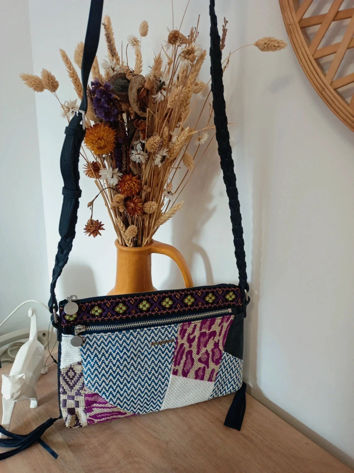 Bolso Desigual Patchwork Multicolor Bordado Asa Trenzada Boho Ethnic Shoulder Bag