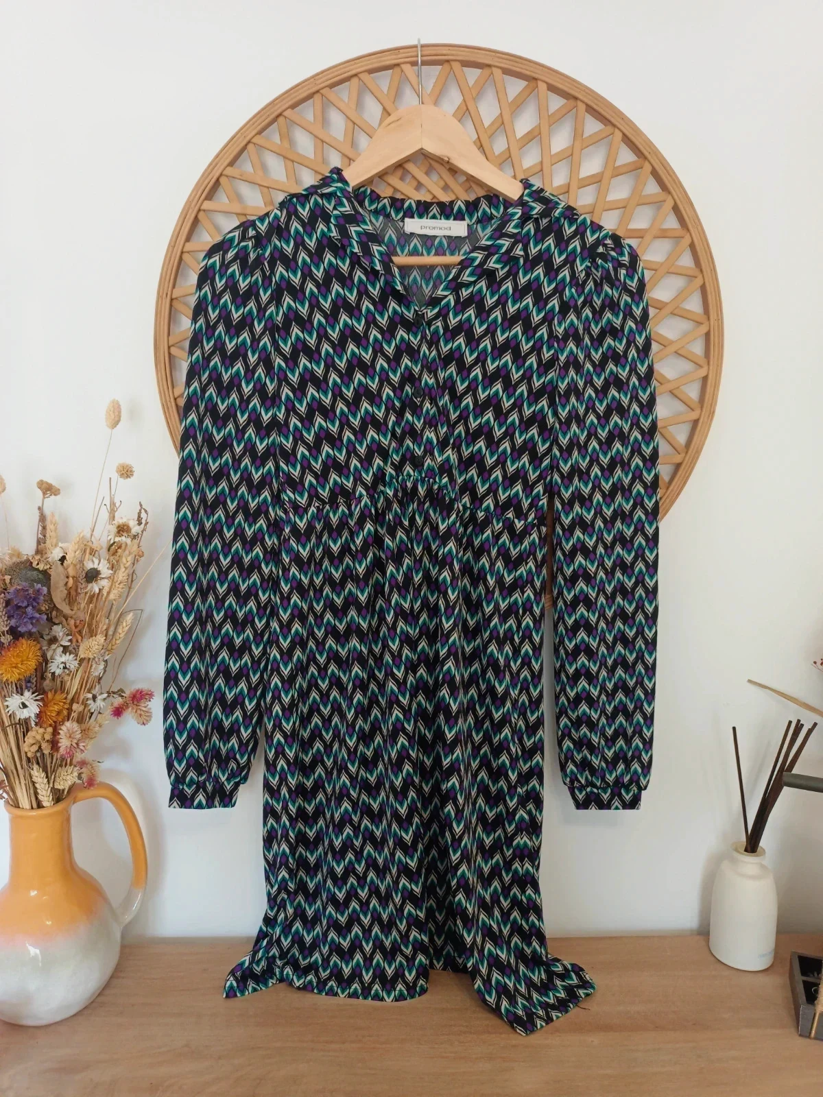 Promod Geometric Dress Black Green Purple Vestido Estampado Robe Femme Herbst Look – Promod – taille M / 38 / 10
