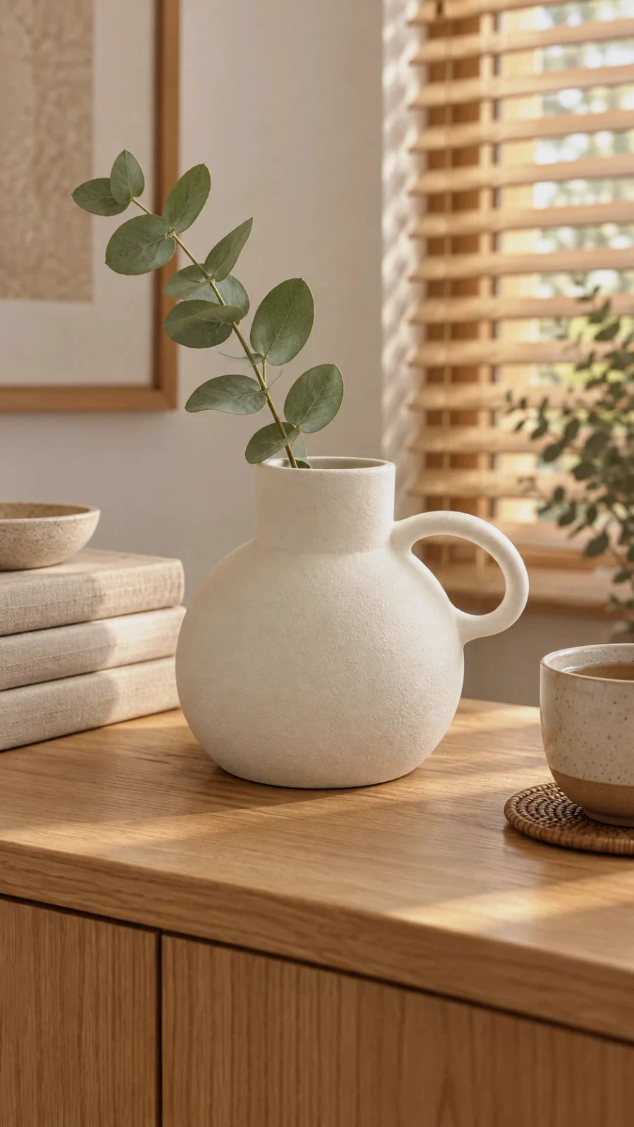 Petit vase blanc mat avec anse – Style Japandi / Minimaliste / Deco – Studio