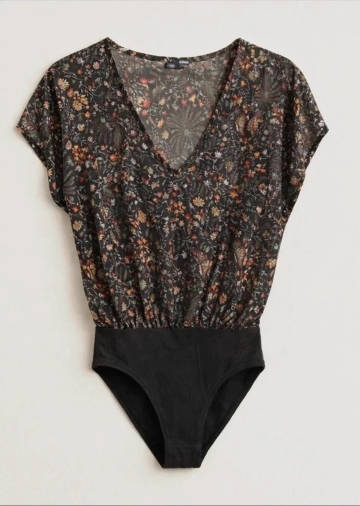Body Etam XS noir transparent imprimé fleuri – décolleté V