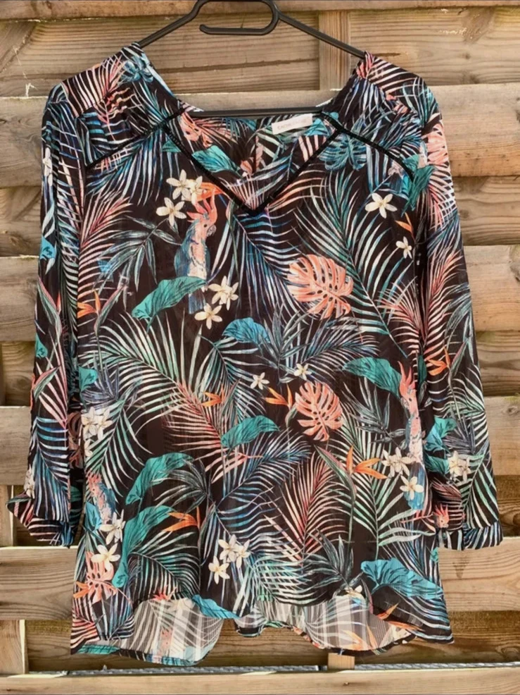 Blouse Cache Cache imprimé tropical fleuri exotique noir turquoise corail T36/S – Cache Cache – taille S / 36 / 8