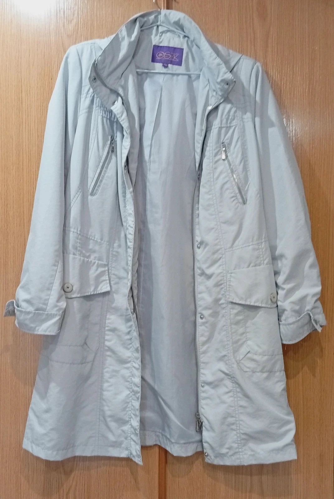 Women’s light blue trench coat, size M. Front zip and button fastening – Olsek – taille M / 38 / 10