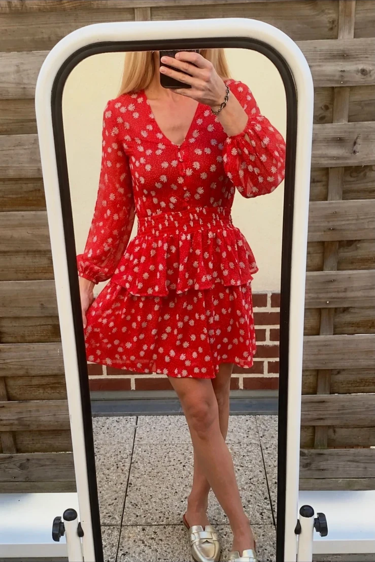 Robe Pepe Jeans fleurie manches longues rouge volants esprit bohème Neuve avec étiquette XS/34
