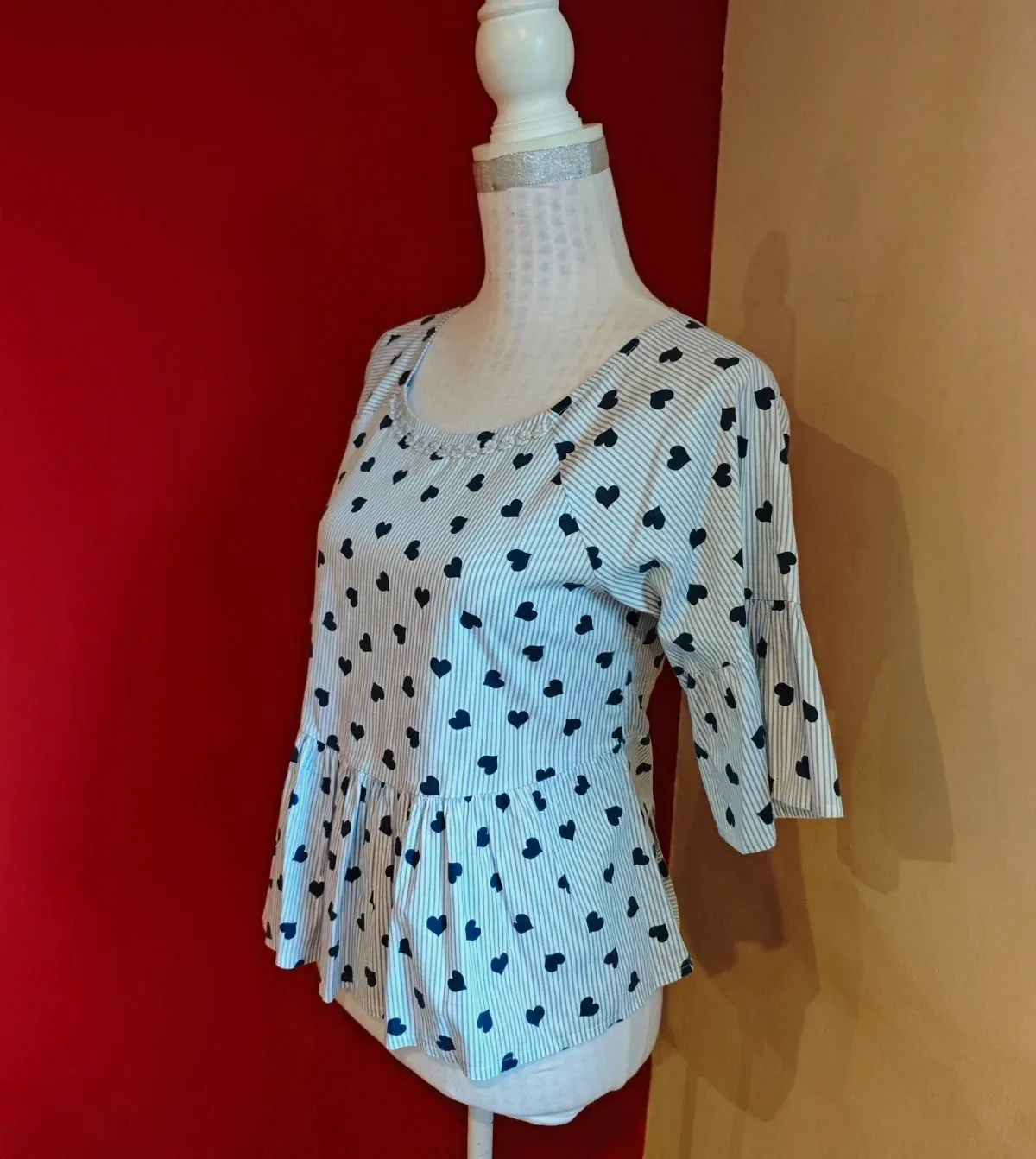 🌺Original blusa de algodón con rayitas azules y blancas y corazones, talla M – NCY moda – taille M / 38 / 10 3