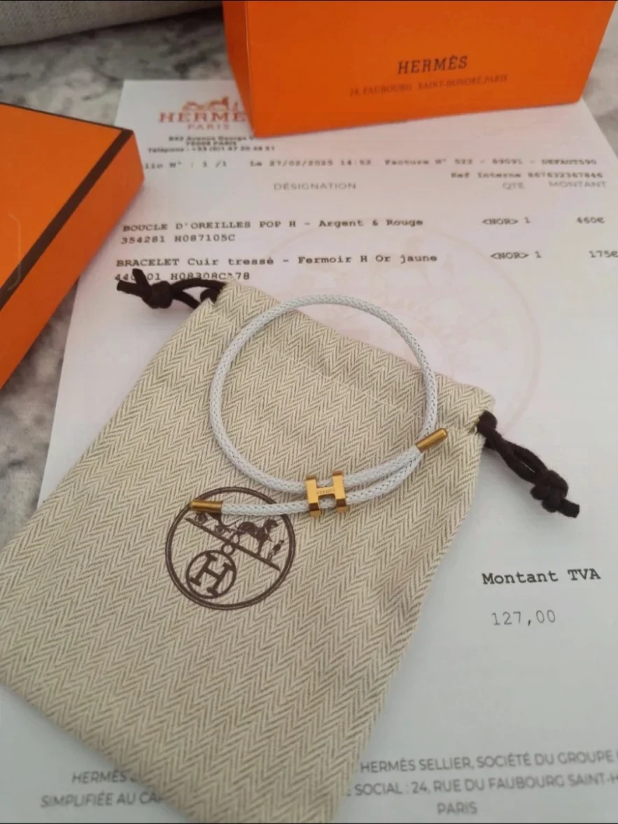 Bracelet Hermès Tournis Tresse en Cuir Blanc