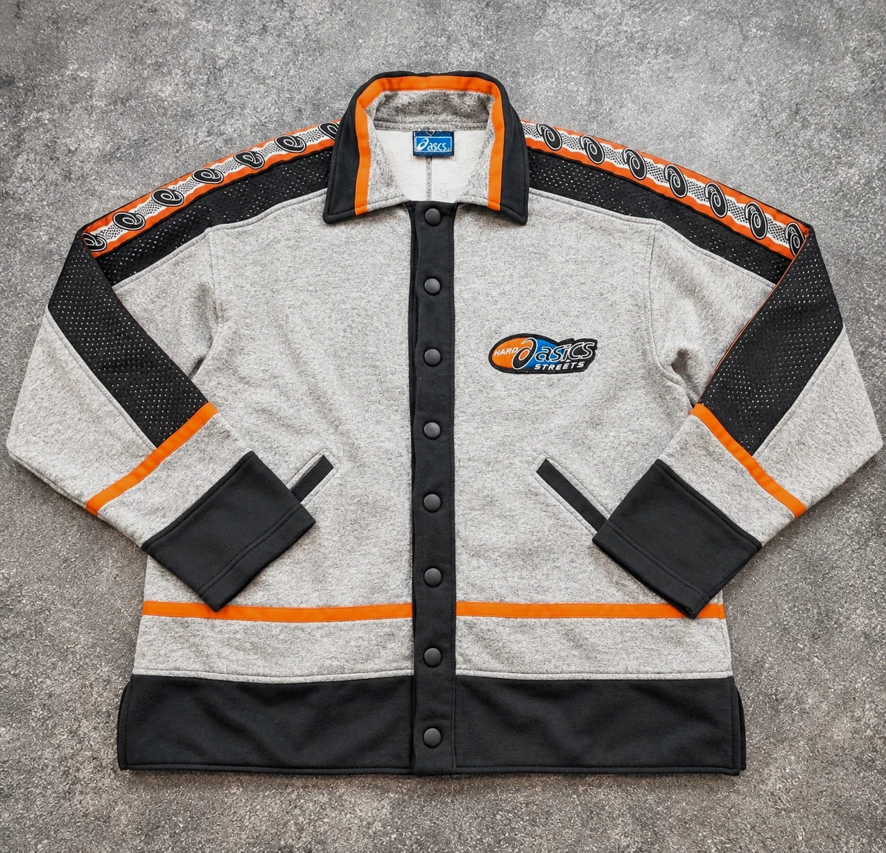 ASICS Streets – Veste sweat Japan Style Y2K 2000s rétro sportswear gris noir orange – S