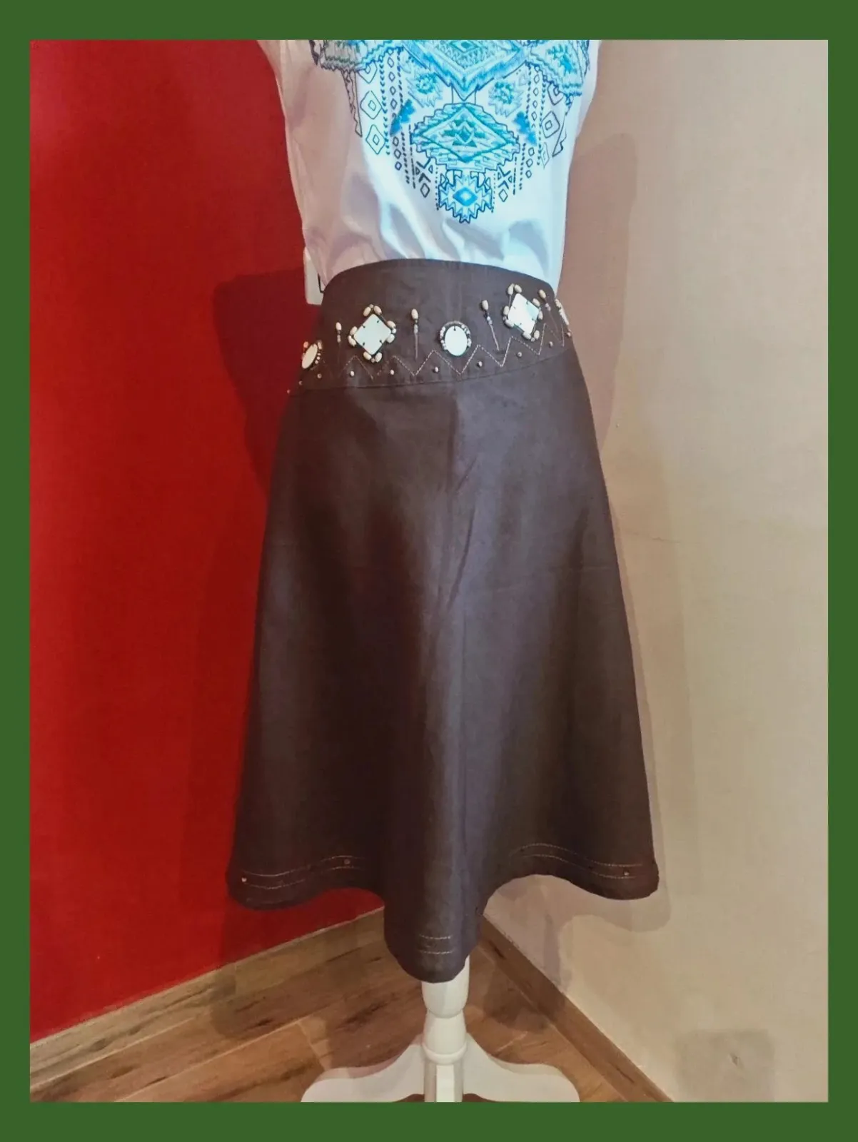 🌺 Elegante falda de lino y ramio marrón con piezas de madera y nácar en cintura – KY creation – taille L / 40 / 12 2