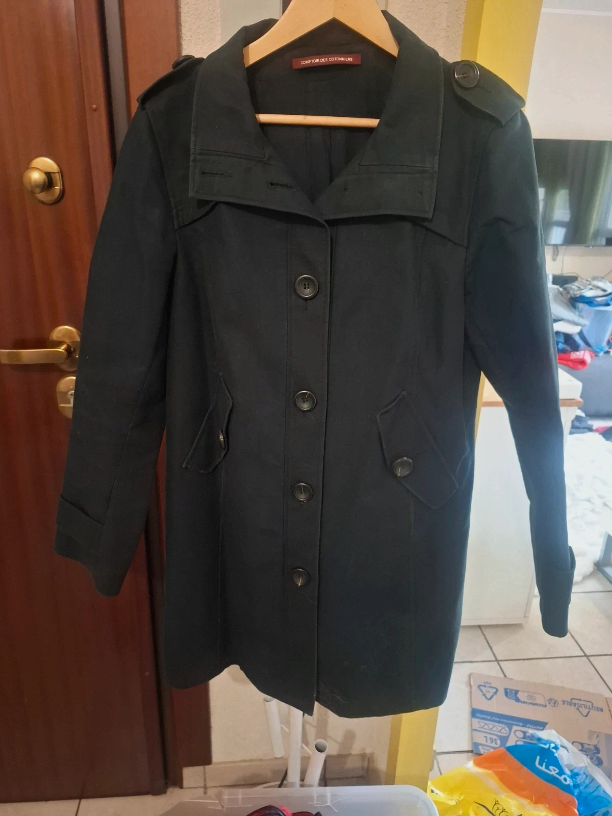 Trench manteau noir élégant col tailleur Comptoir des Cotonniers taille 42