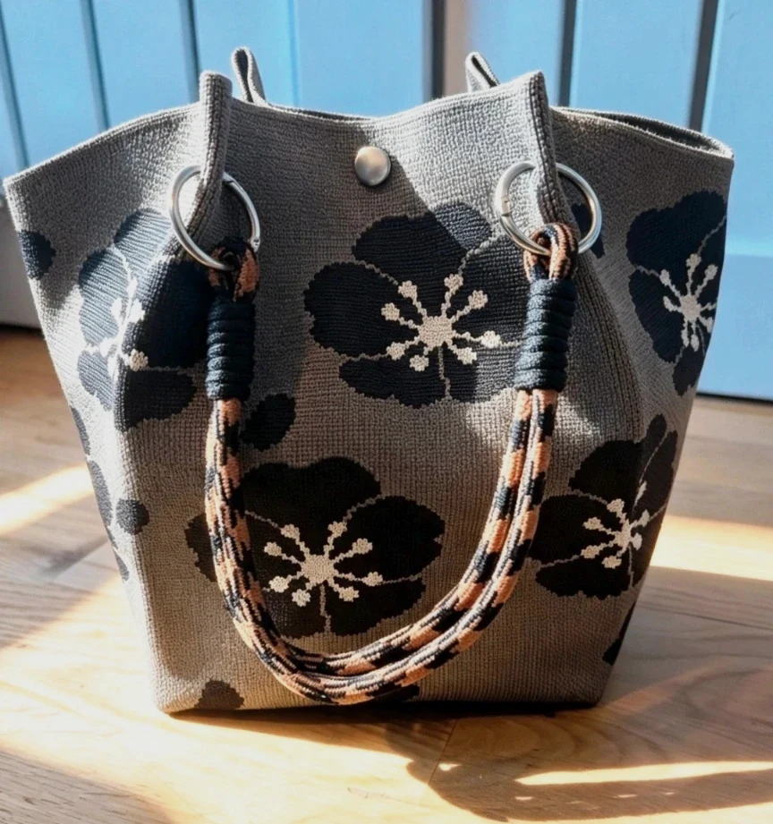 New Black Flower Knit Bucket Bag Boho Festival Indie Hippie
