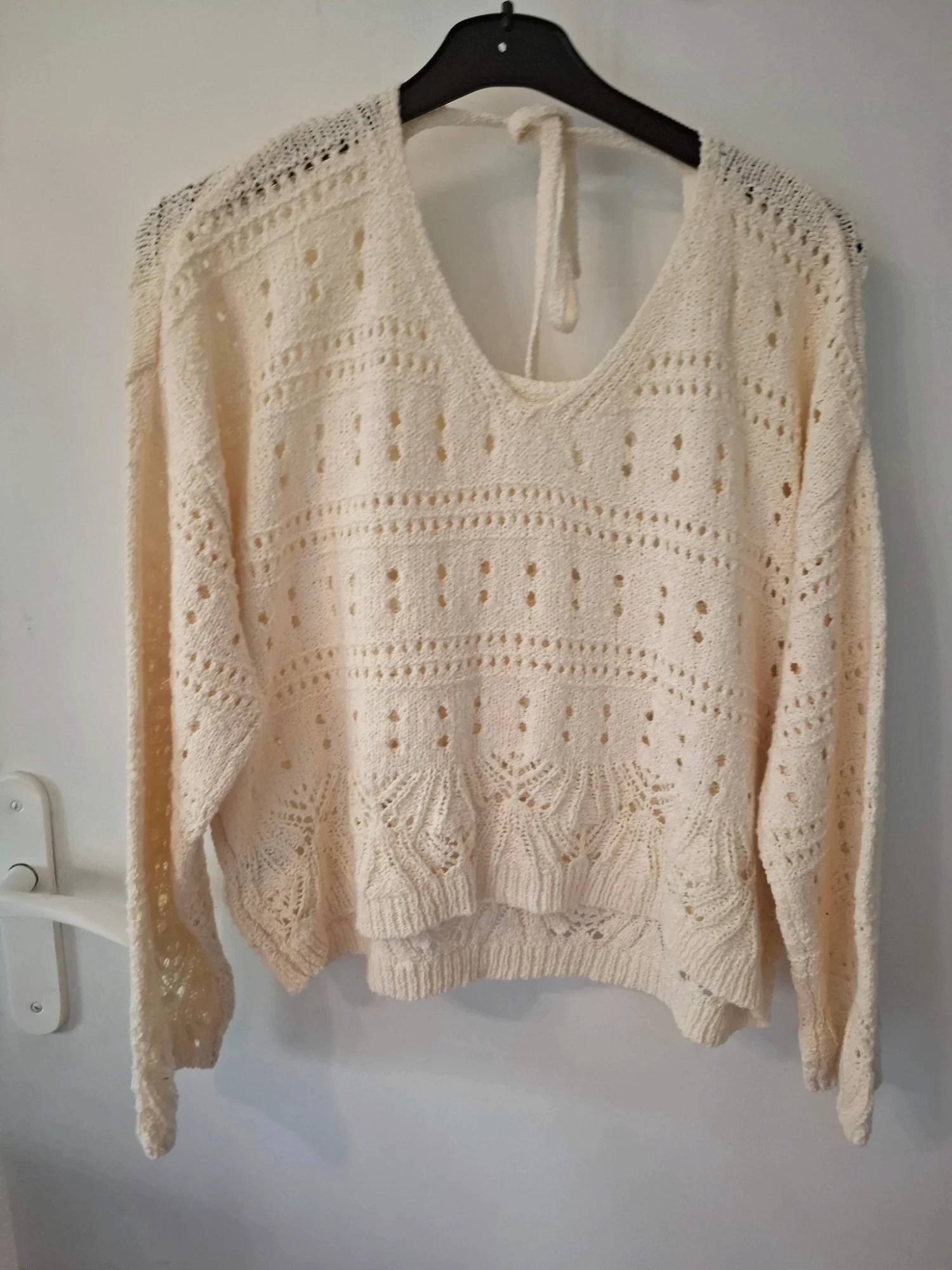 Pull crochet boho crème écru taille M(40/42) ajouré dos noué maille ajouree over