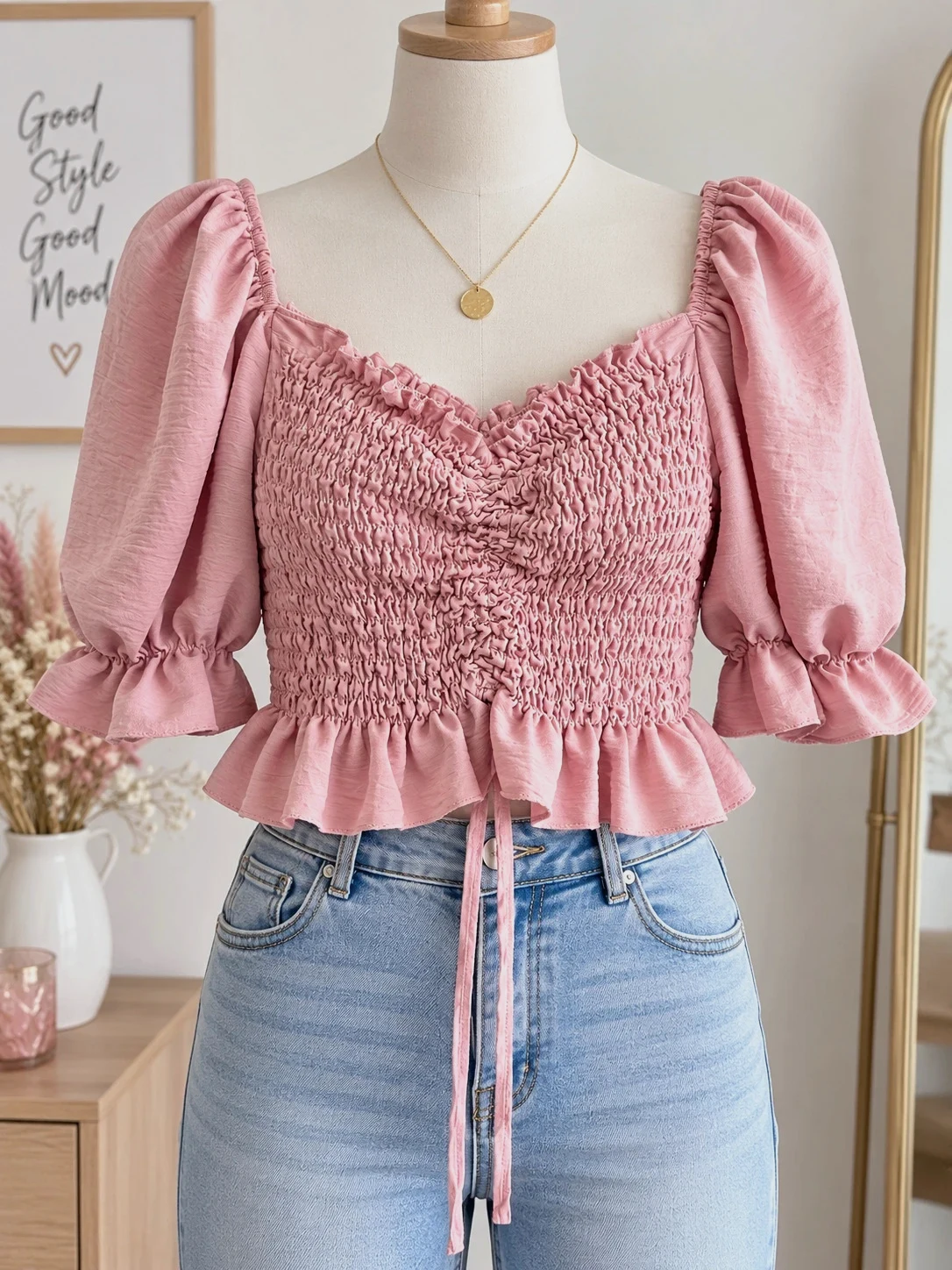 Top crop rose poudré Made in Italy – Taille S – Manches bouffantes