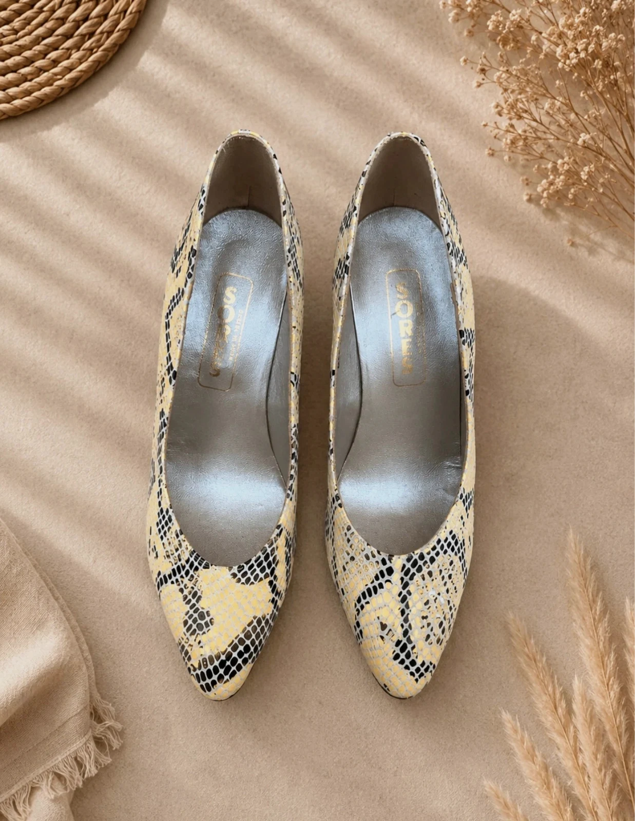 Sores Escarpins Femme Vintage Cuir Made in France Serpent Jaune Noir 37/37,5 – sorés – taille 37