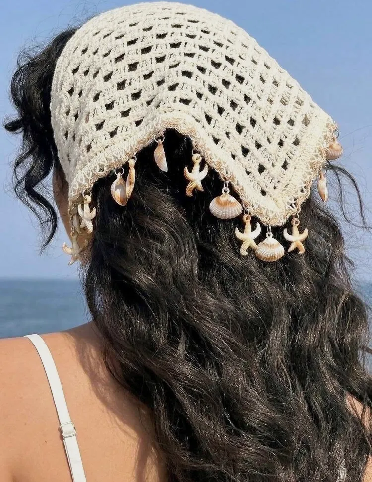Chapeau de plage crochet écru avec pendentifs – no brand – écru – taille Taille unique 3