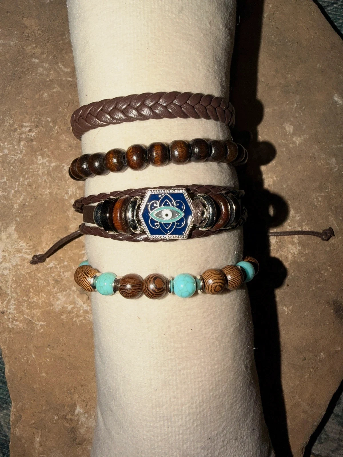 Lot 4 Bracelets Homme Style Bohème – Bois & Cuir – Ajustables – inconnu – taille Taille unique