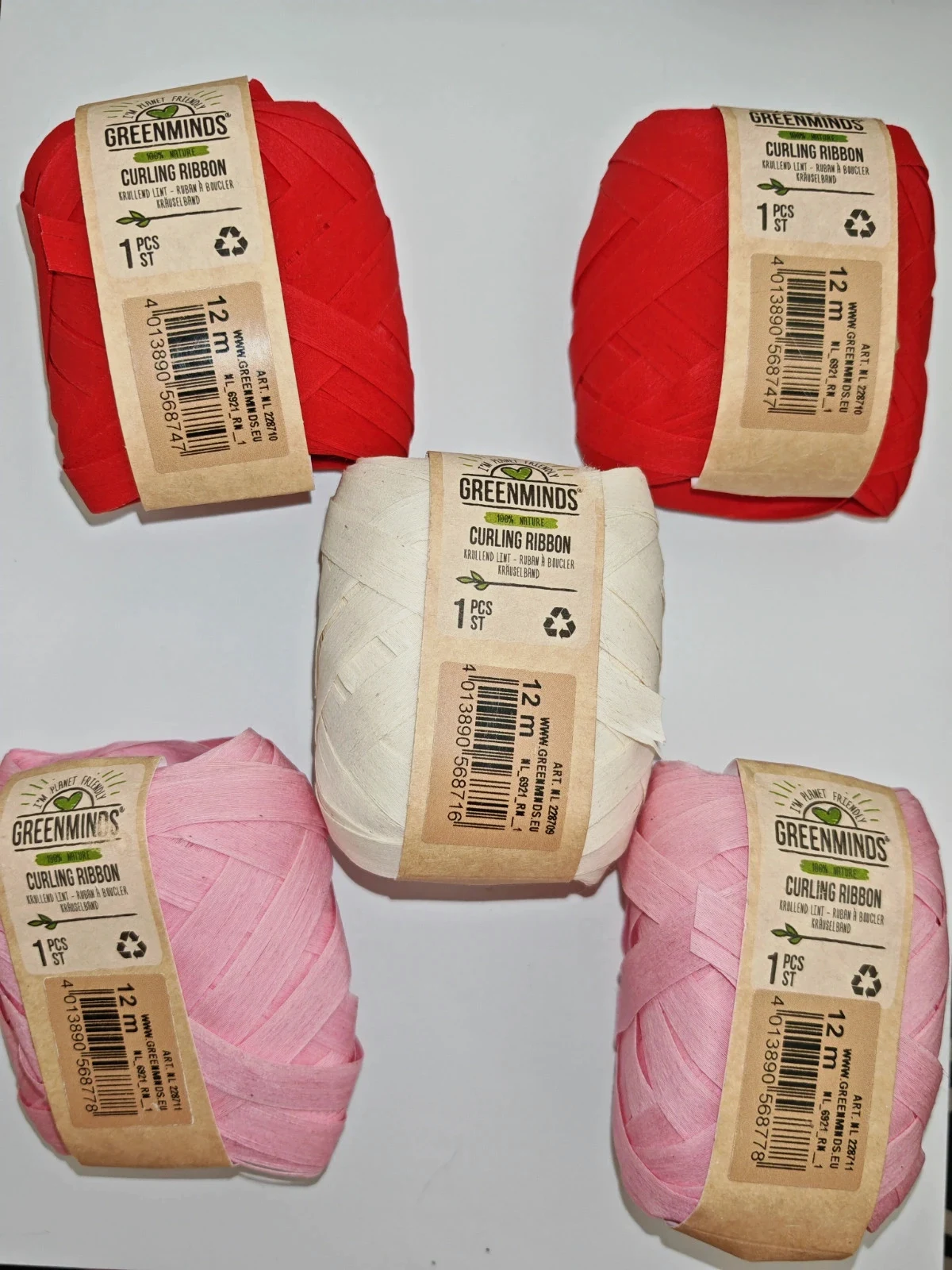 Lot de 5 rubans à boucler Greenminds 12 m – Rouge, rose et crème – Neufs