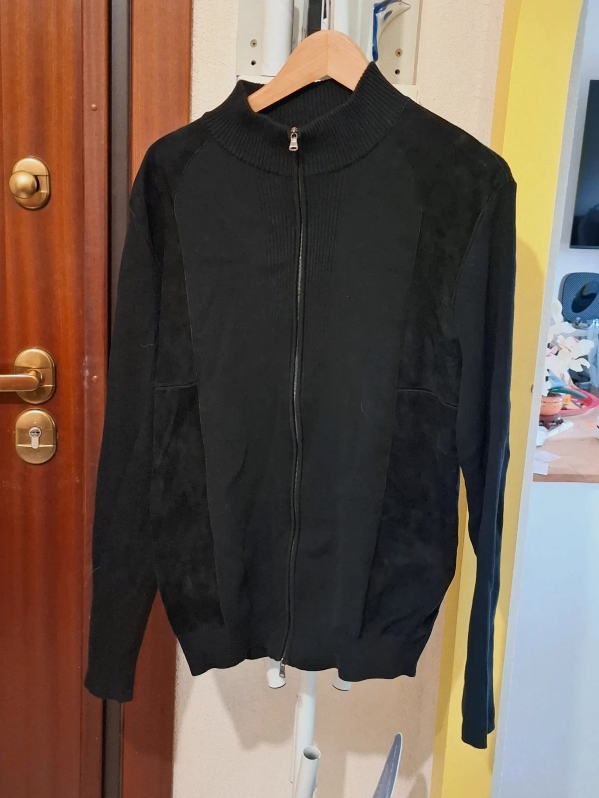 Gilet / Veste Zippée Luxe Rétro Noir Hugo Boss T.54 / L-XL (Empiècements Cuir d'Agneau)