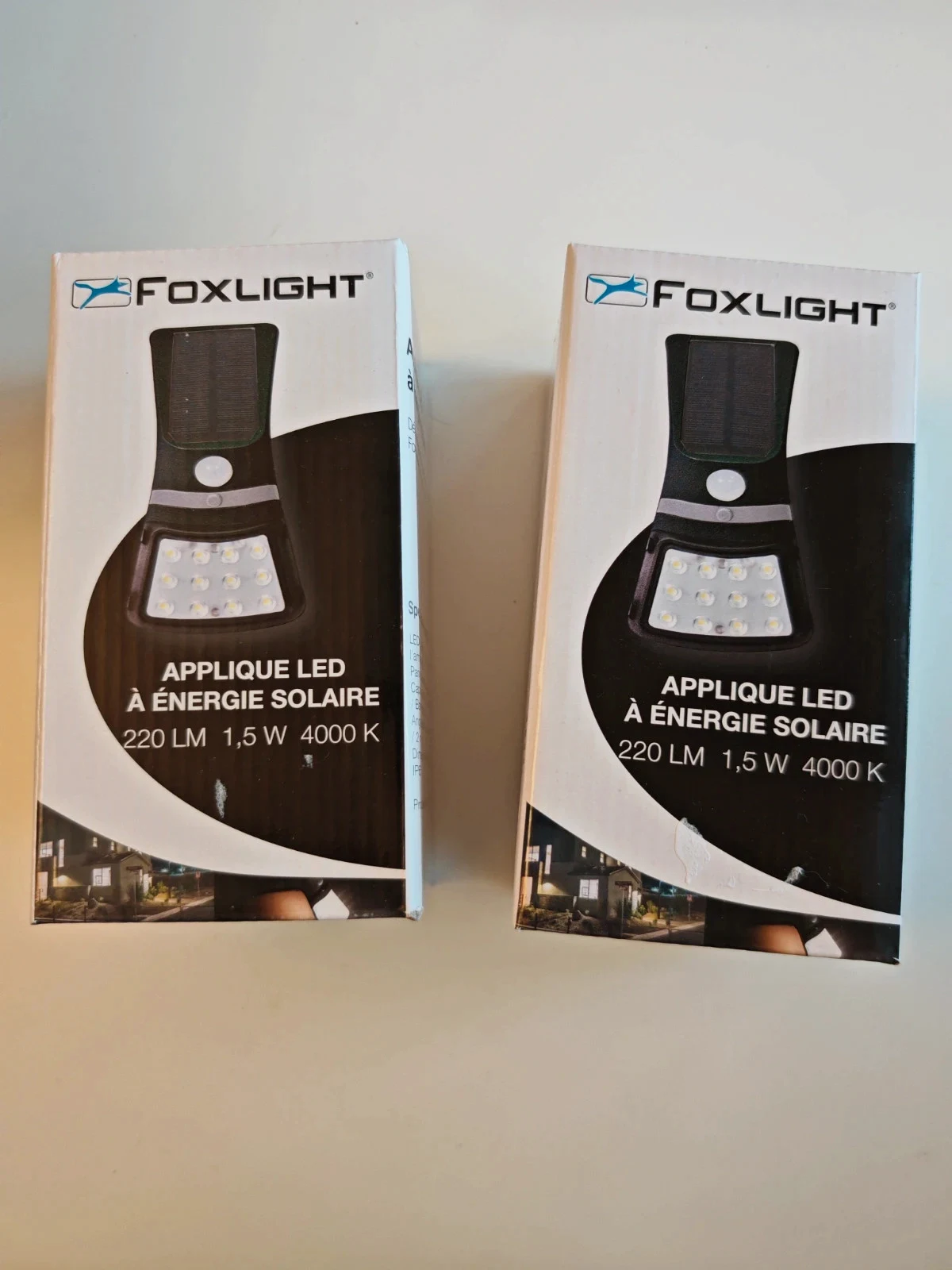 Lot de 2 appliques LED solaires Foxlight – Détecteur de mouvement – Neuves