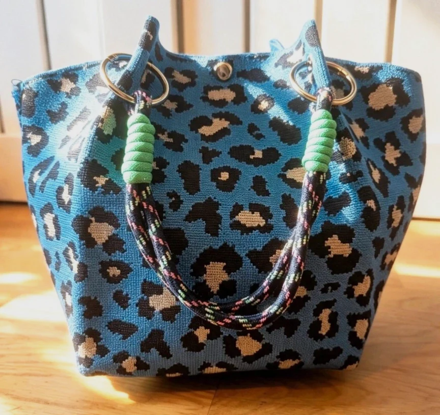New Blue Black Leopard Print Knit Bucket Bag Rope Handles Silver Hardware Boho Festival Indie Hippie