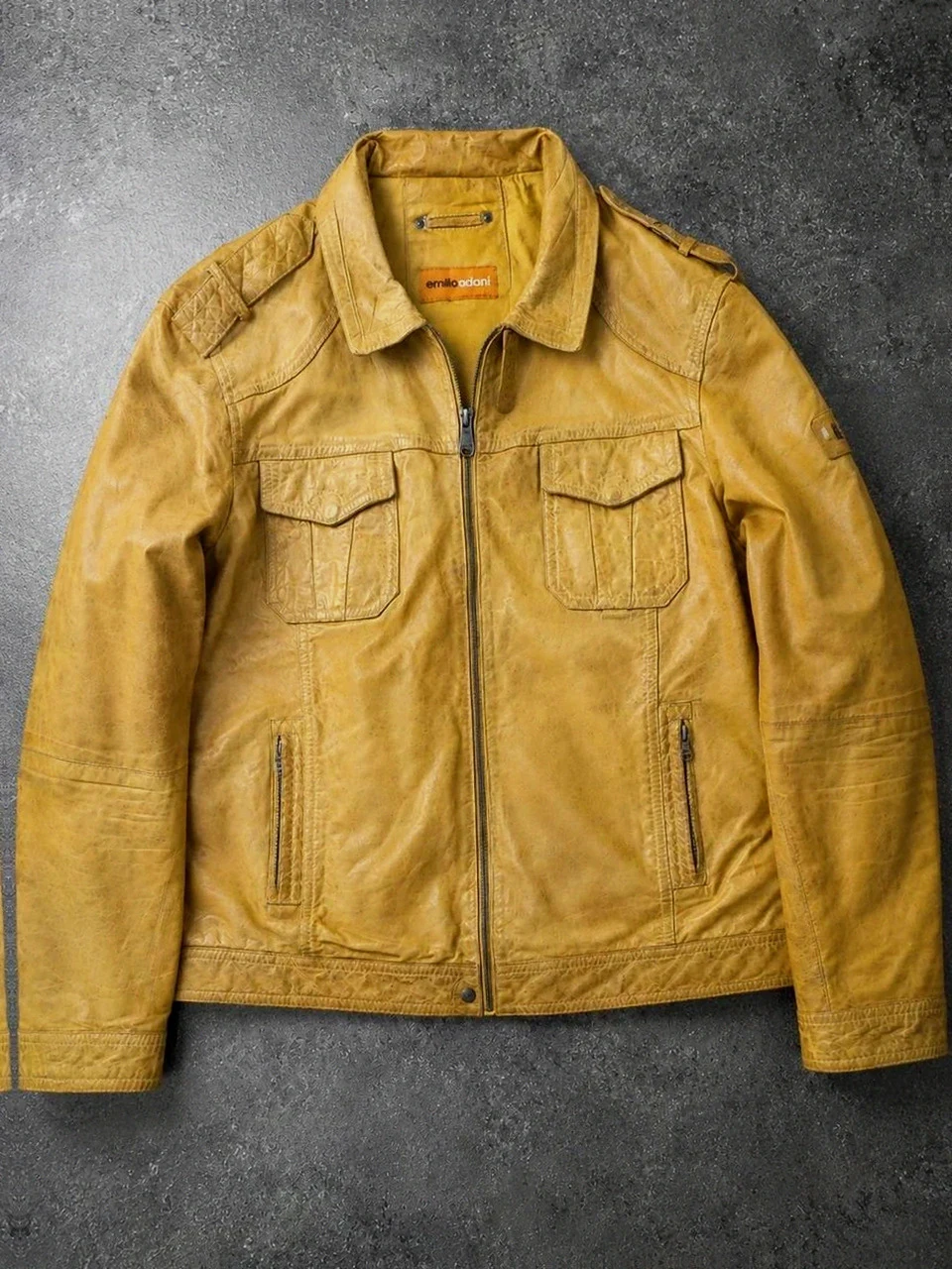 Emilio Adani veste cuir d’agneau Lamb Nappa T56 Xxl cognac biker moto vintage