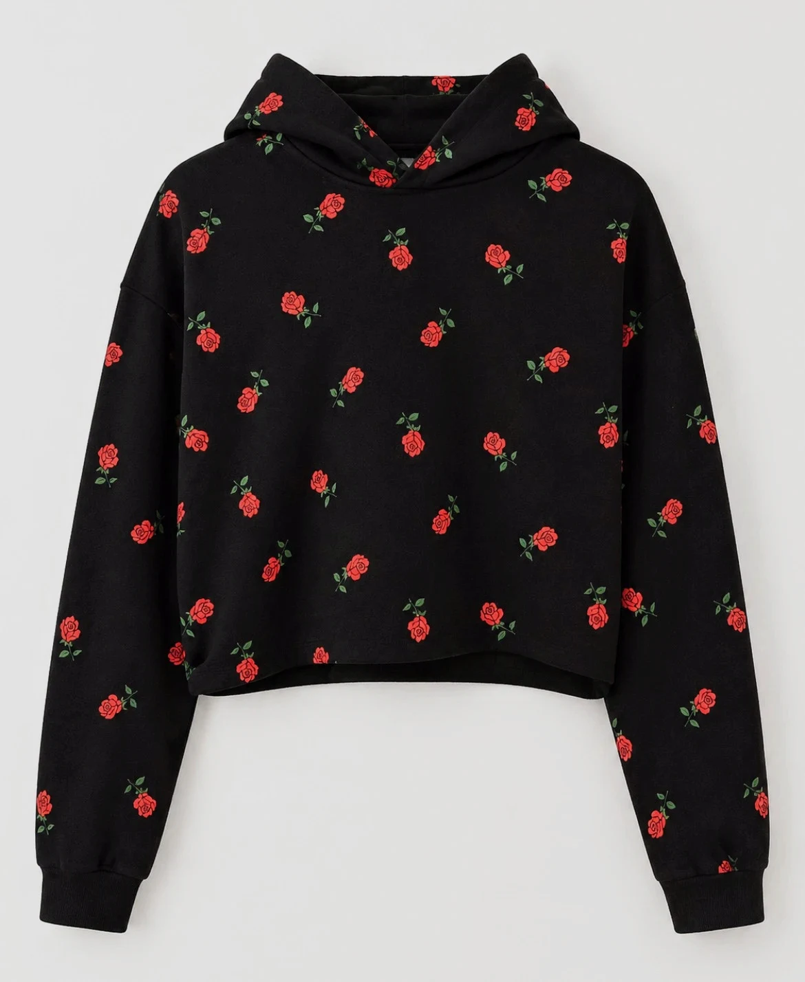 Black Rose Print Cropped Hoodie