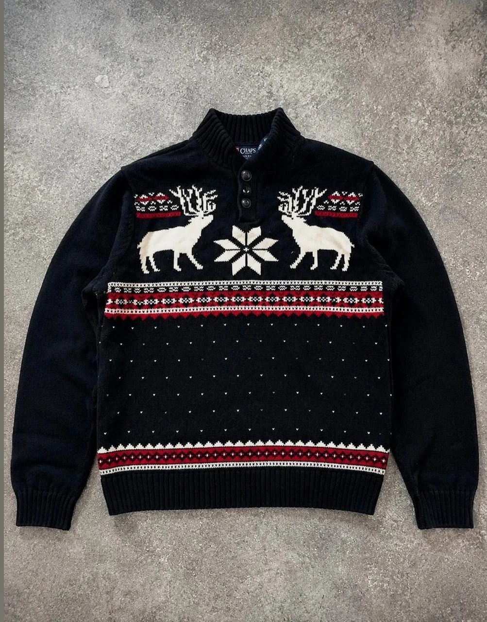 Chaps Pull Fair Isle Noir Rouge Cerfs Nordique 100% Coton Taille L