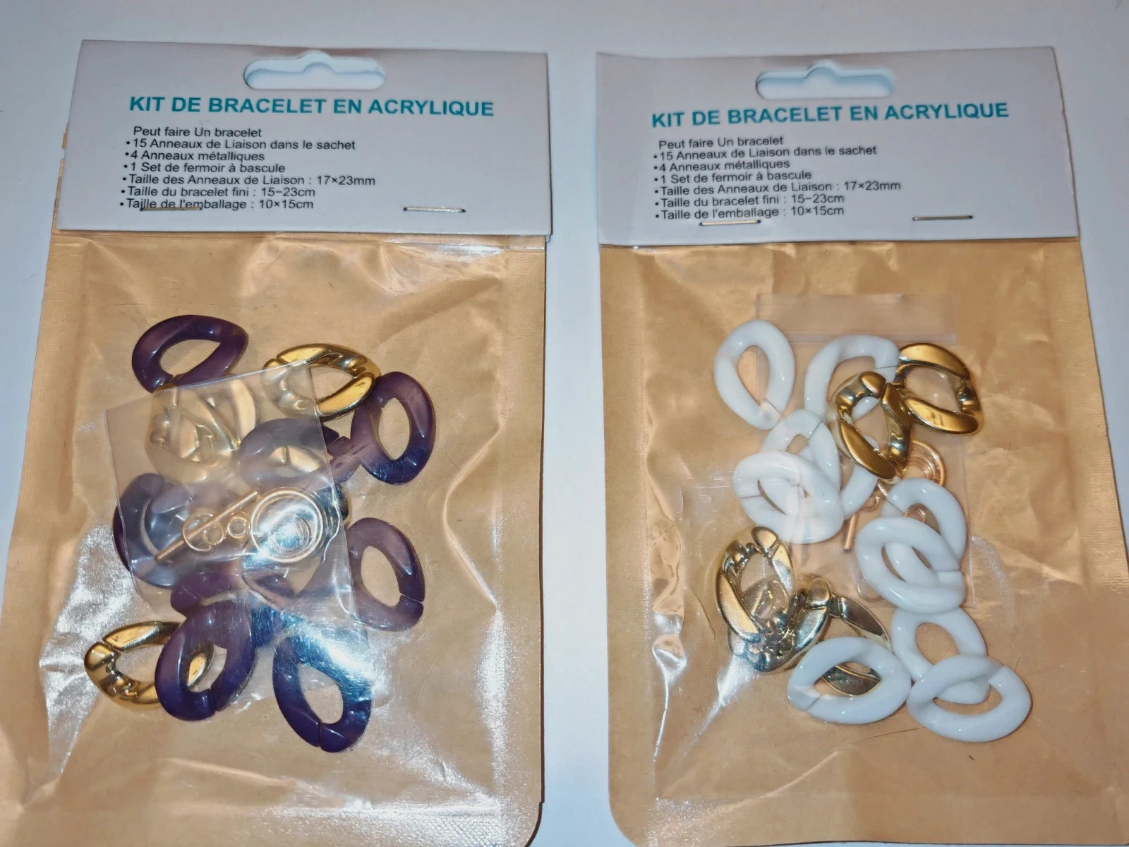 Lot de 2 kits bracelet en acrylique DIY – Blanc & Violet – Neufs