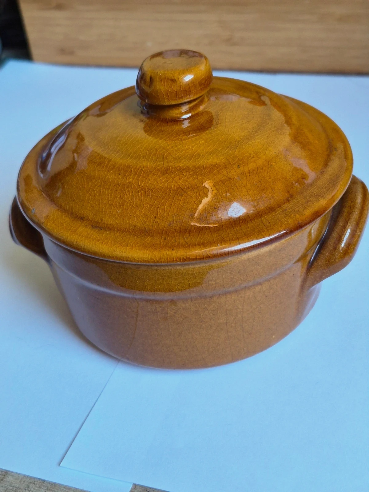 Mini cocotte grès ancienne jaune ocre individuelle couvercle vintage