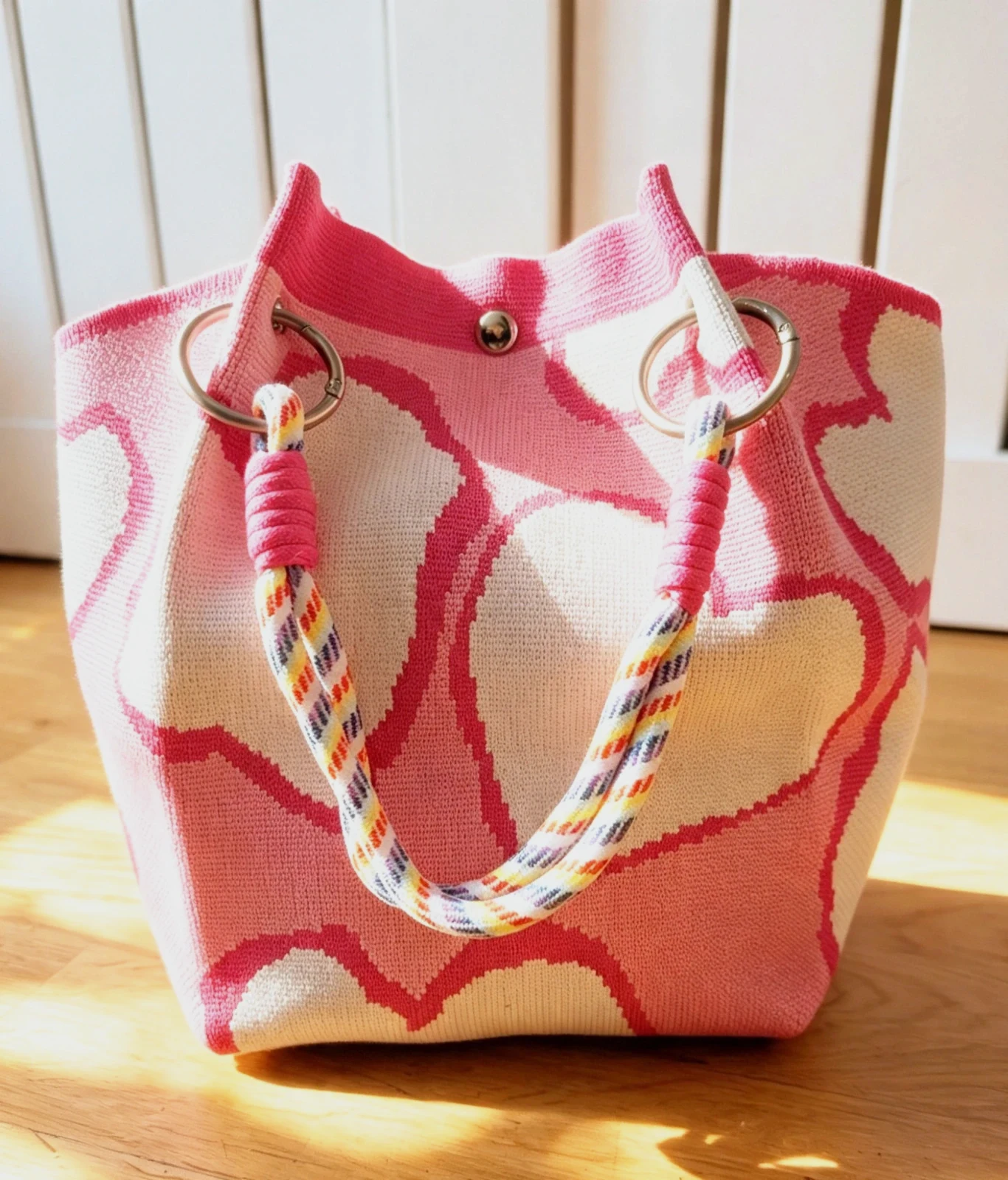 New Pink White Heart Knit Bucket Bag Silver Hardware Rope Handles Boho Festival Indie Hippie