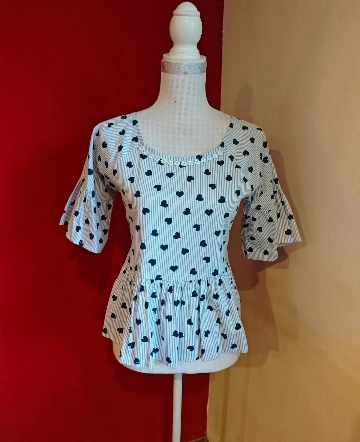 🌺Original blusa de algodón con rayitas azules y blancas y corazones, talla M – NCY moda – taille M / 38 / 10 2