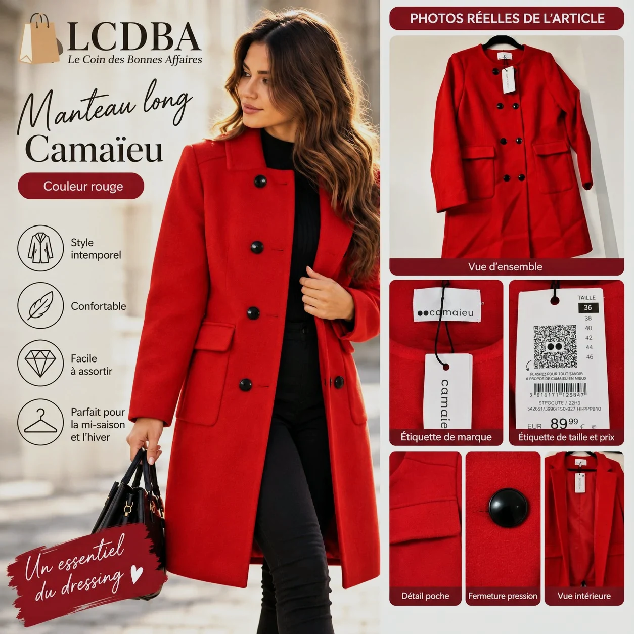 Manteau Camaïeu Rouge – Neuf avec étiquette – Taille 36