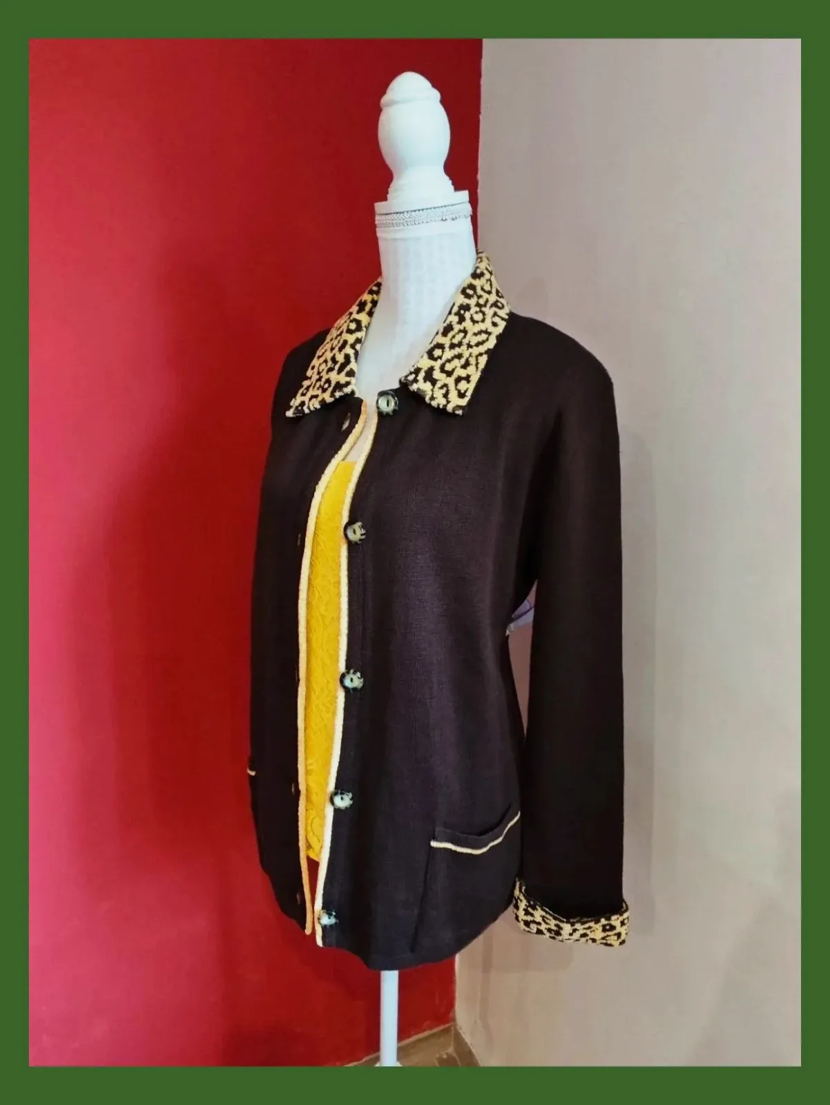 🌺 Chaqueta de punto marrón con cuello y puños mezclado con amarillo – casadella – taille L / 40 / 12 2