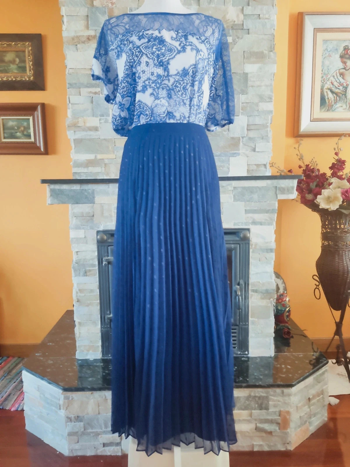 🔥 Elegante falda larga plisada azul marino con círculos brillantes – Mint & Berry – taille M / 38 / 10