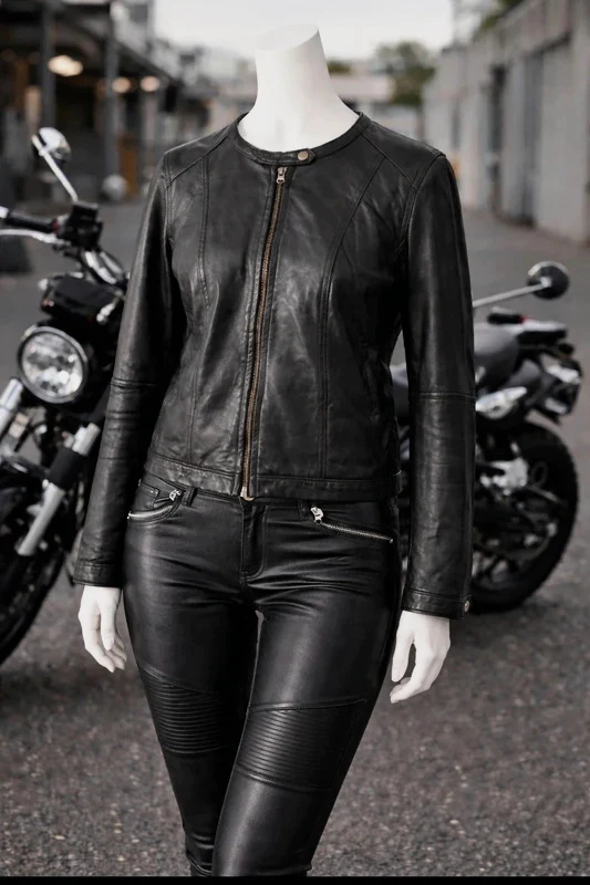 Blouson cuir véritable agneau noir – Naf Naf – style biker