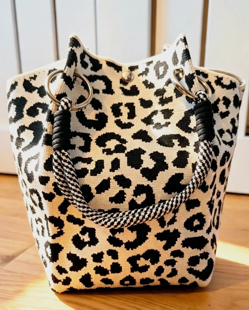 New Leopard Print Knit Bucket Bag Silver Hardware Boho Festival Indie Hippie
